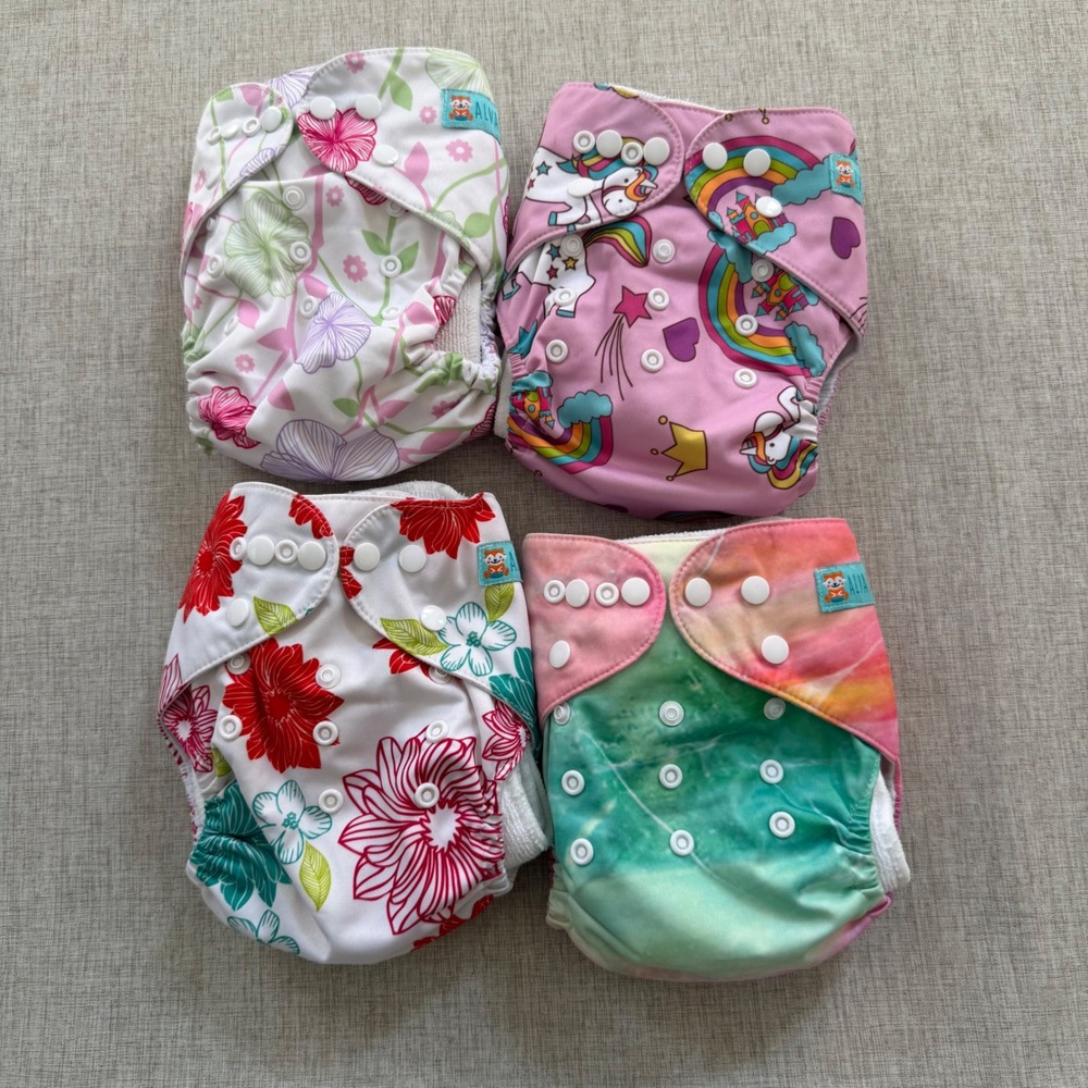 Alva Baby Reusable Cloth Pocket Diapers Set of 4 with Inserts Girly